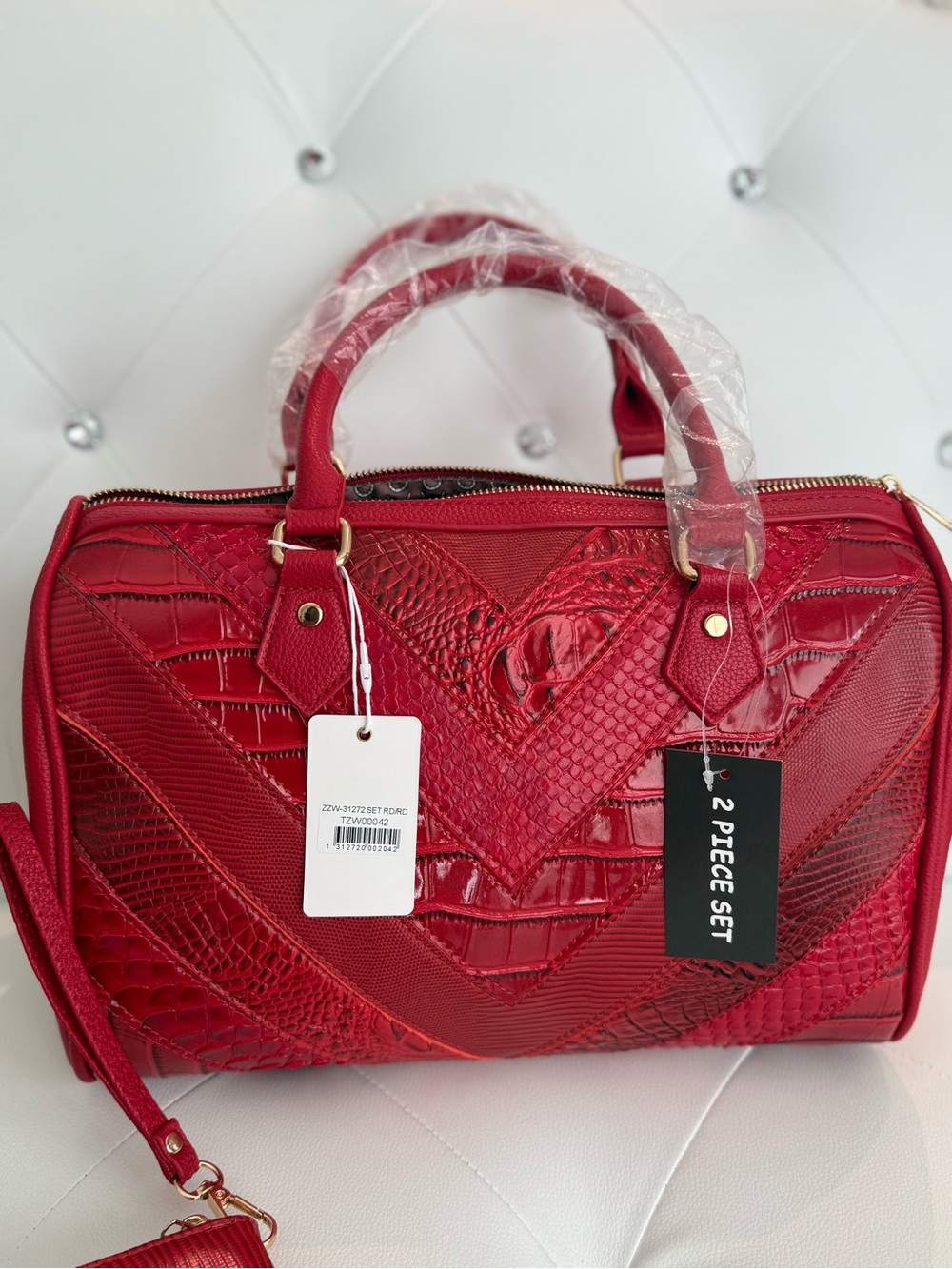 Designer-Inspired Red Patchwork Satchel | Includes Matching Wallet - Picture 13 of 15